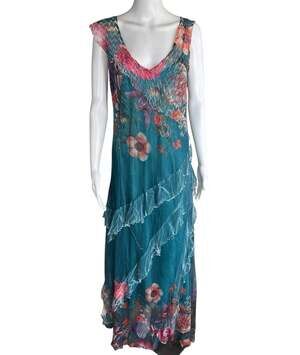 Komarov Dress XL Teal Floral Crinkle Maxi Ruffle Scarf Wrap Romantic Wedding USA